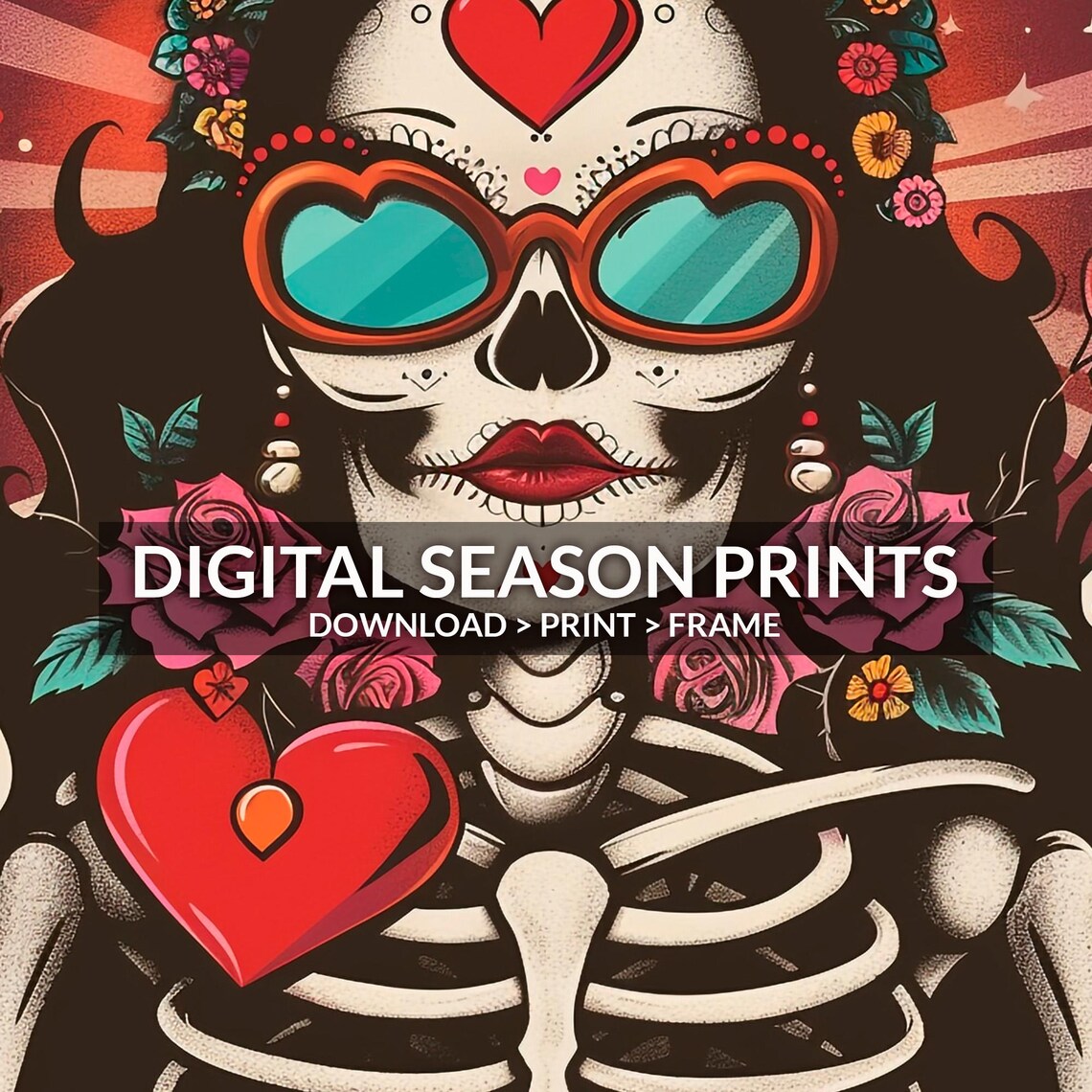 La Calavera Catrina Heart Sunglasses Roses Day of the Dead Skull Poster - Image 6