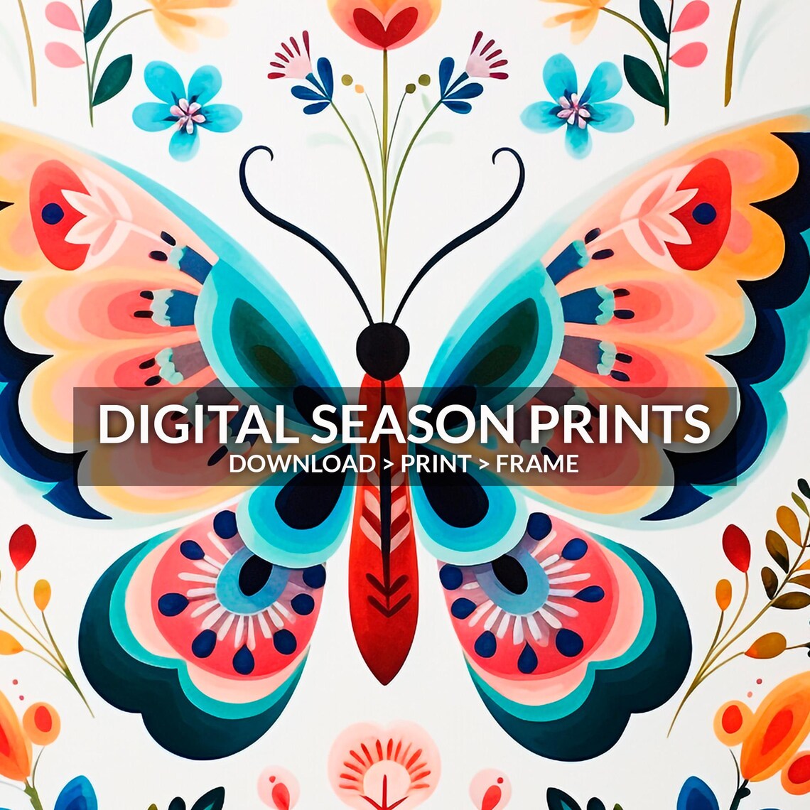 Scandinavian Folk Art Butterfly Floral Colorful Spring Boho Art Print - Image 4