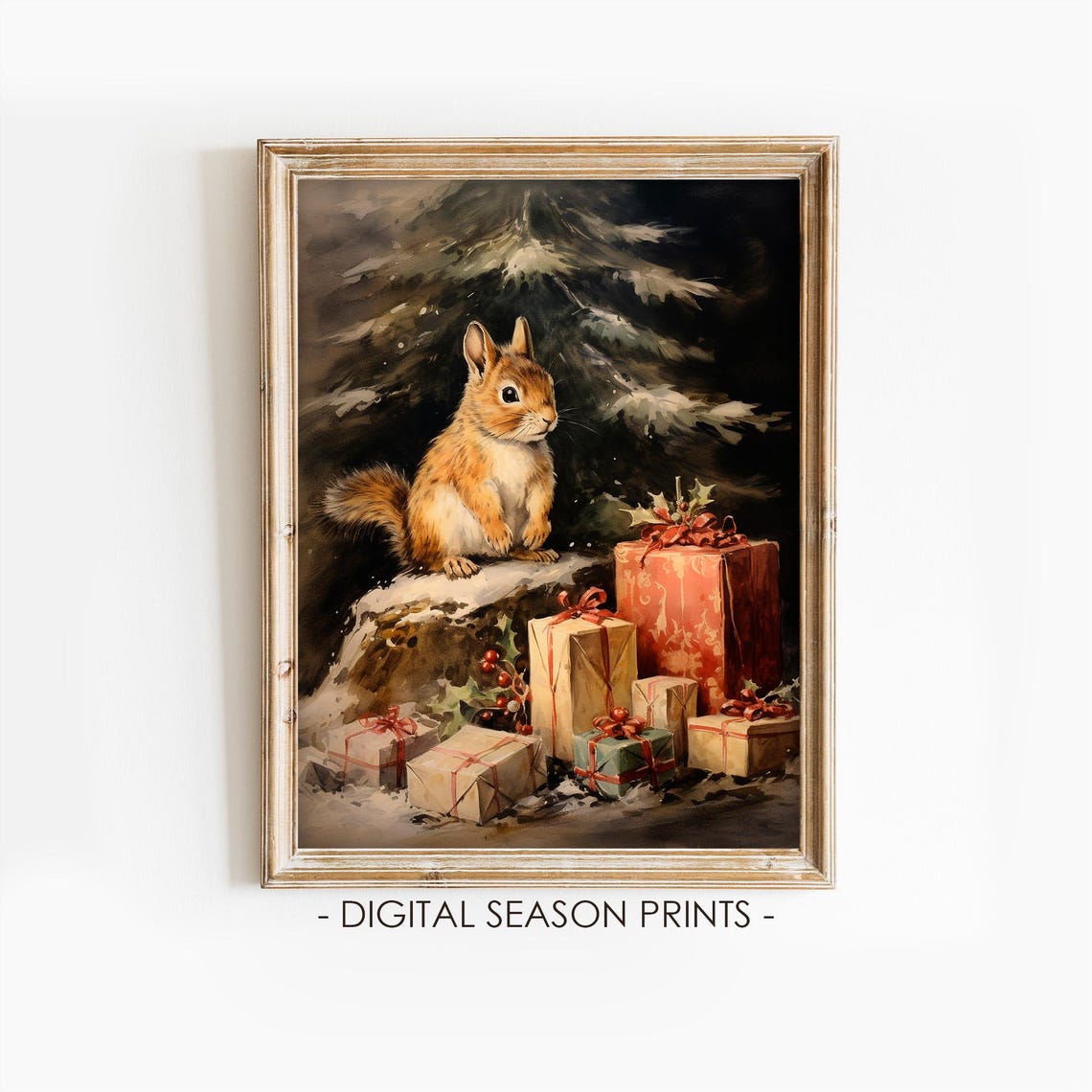 Squirrel Christmas Gifts Snowy Pine Tree Vintage Holiday Animal Poster