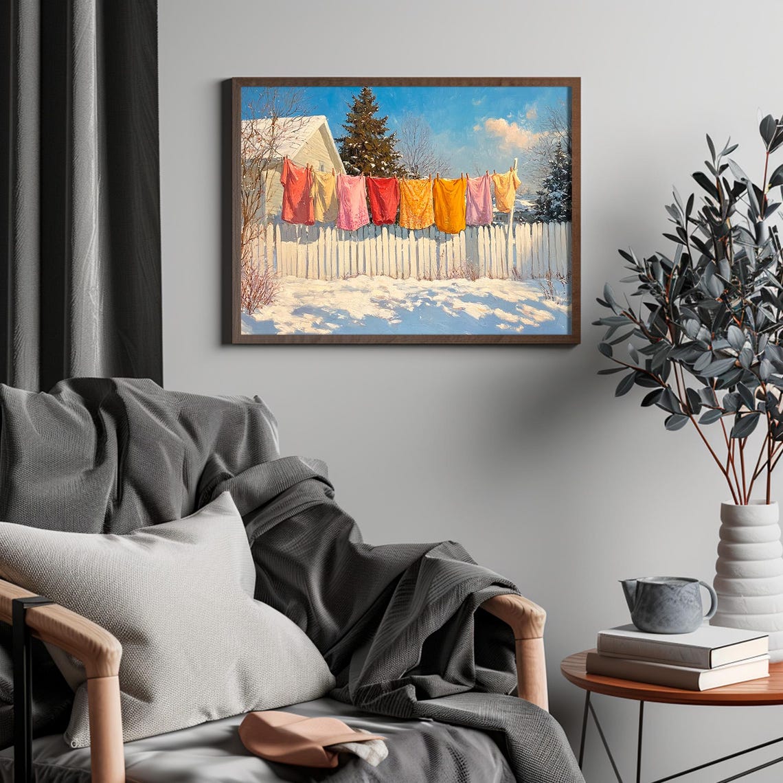 Colorful Laundry on Clothesline Snowy Winter Farmhouse Wall Art - Image 6