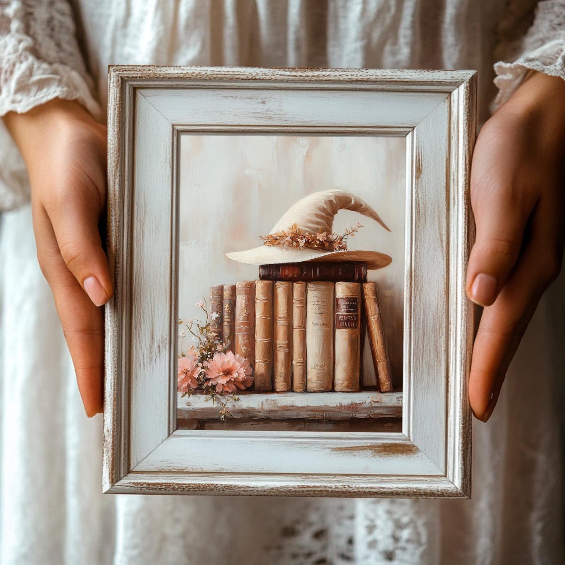 Witch Hat on a Stack of Vintage Books with Pink Flowers Poster - Image 3