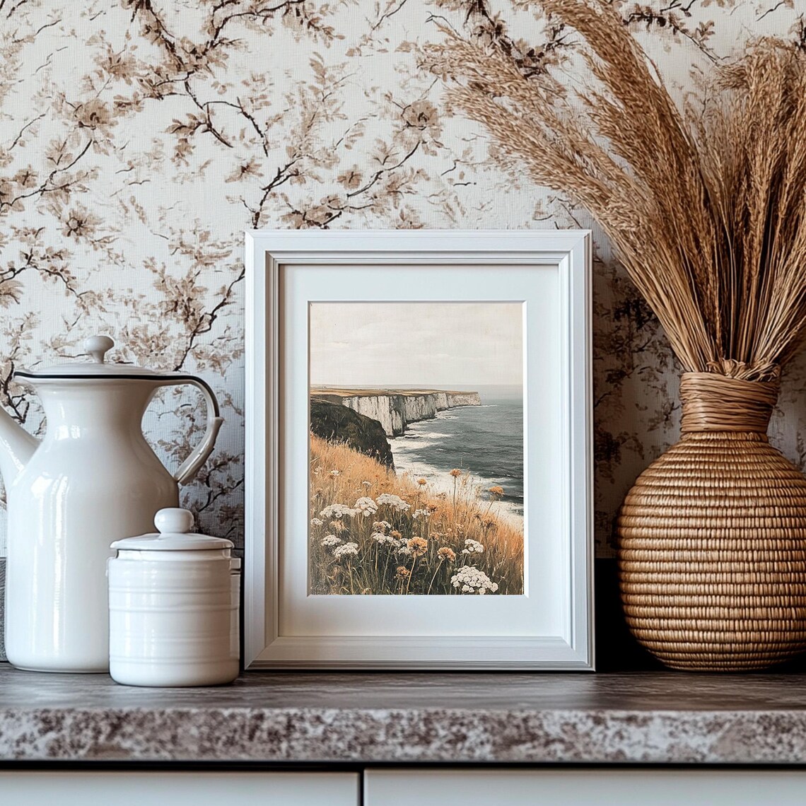 White Sea Cliffs With Wildflowers Moody Coastal Landscape Poster - Image 4