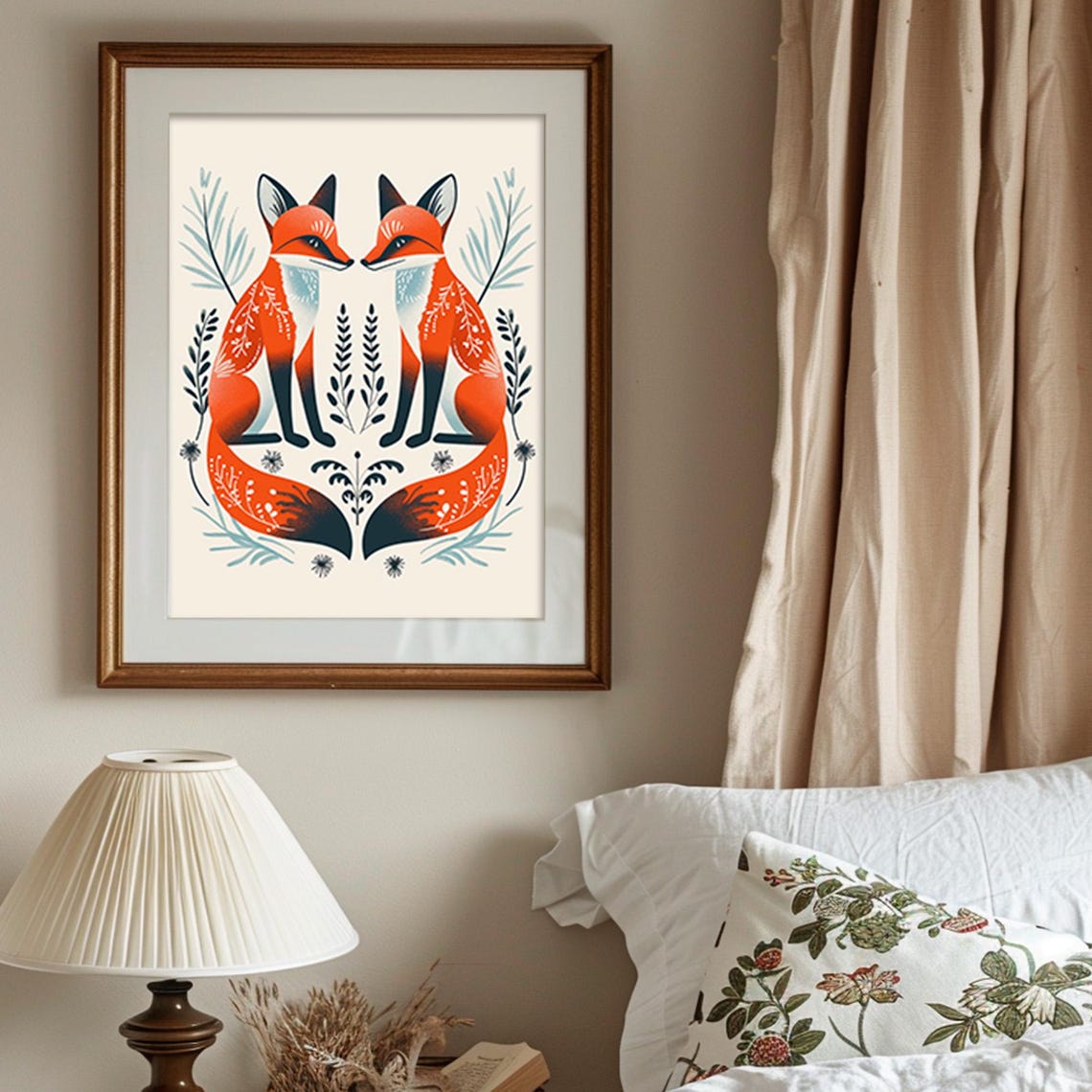 Pair of Mirrored Red Foxes Scandinavian Folk Art Animal Print - Image 5