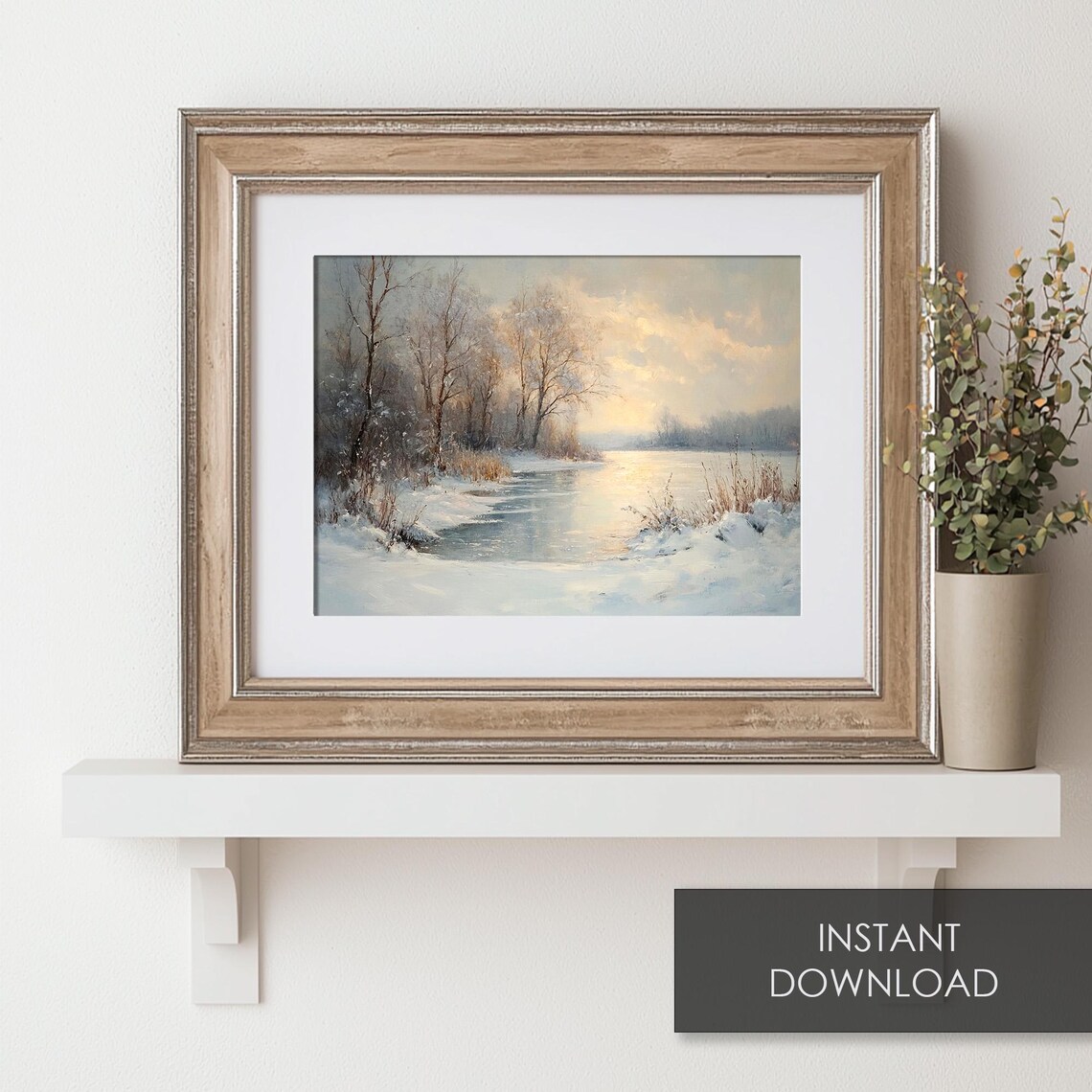 Golden Sunset Over Snowy Forest Pond Winter Landscape Painting Poster - Image 6