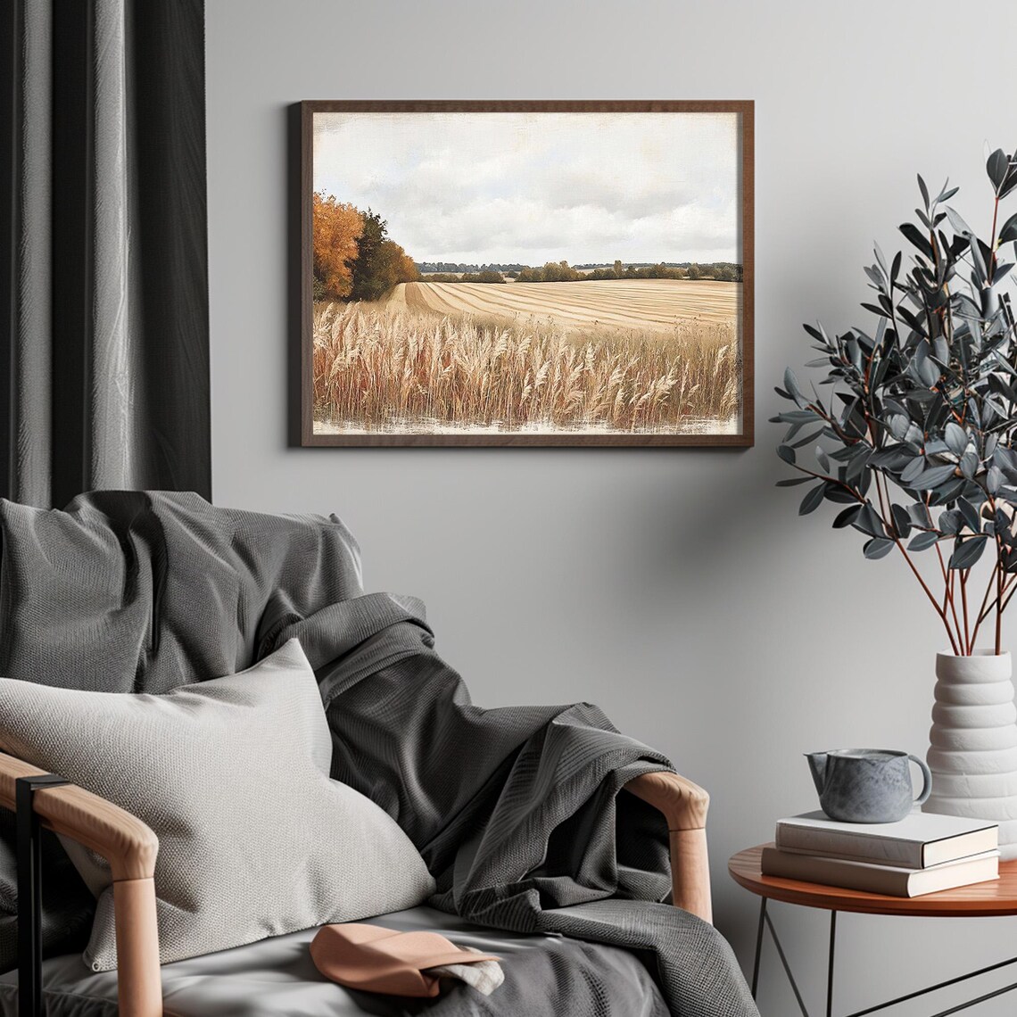 Golden Wheat Field Plowed Rows Autumn Trees Cloudy Sky Farm Art Poster - Image 6