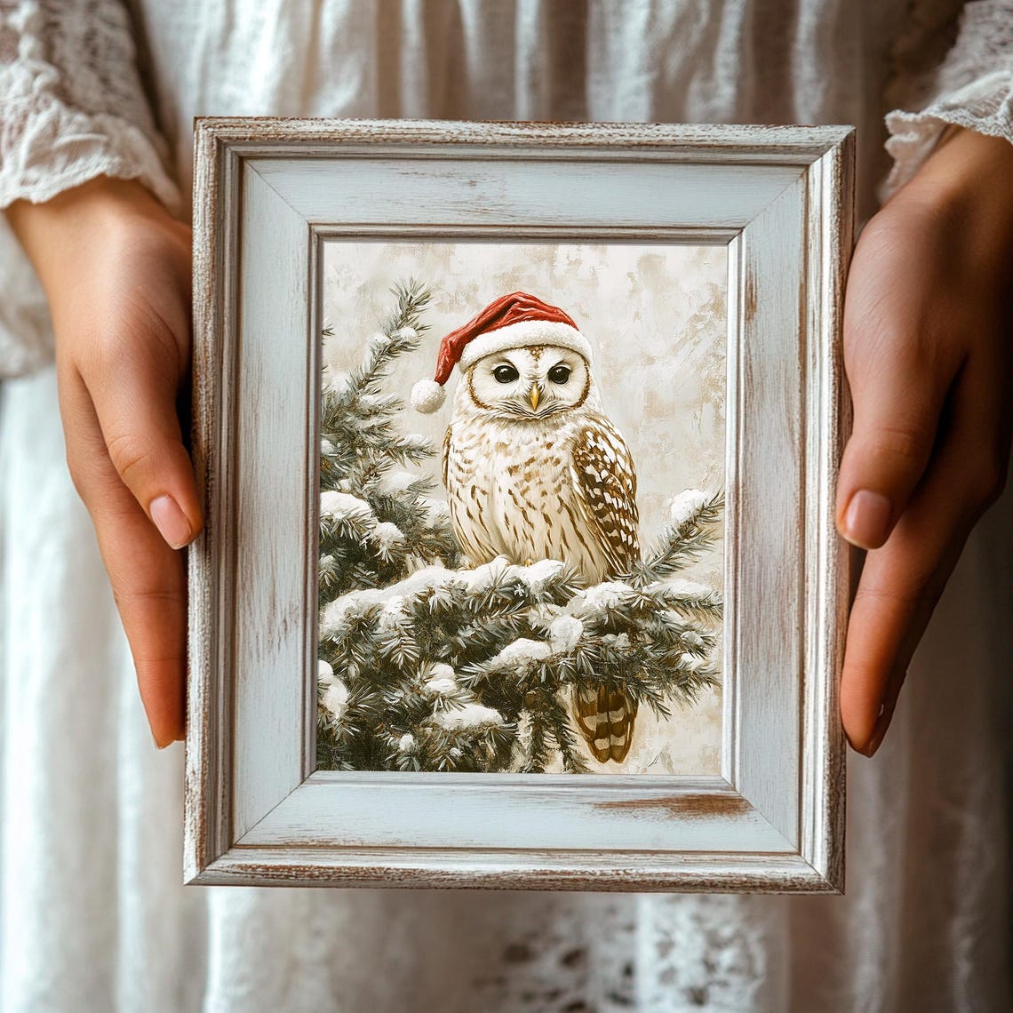 Cute Owl Wearing A Red Santa Hat In A Snowy Pine Tree Poster - Image 3