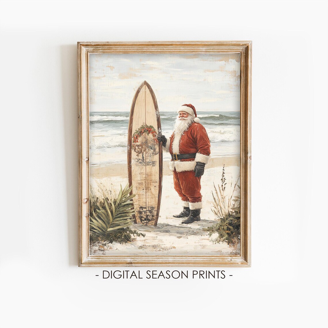 Santa Surfboard Beach Tropical Christmas Wreath Board Art Poster