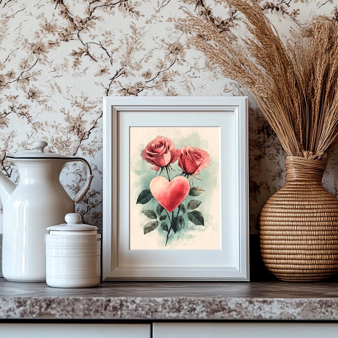Pink Roses With Red Heart Watercolor Romantic Valentines Day Print - Image 4