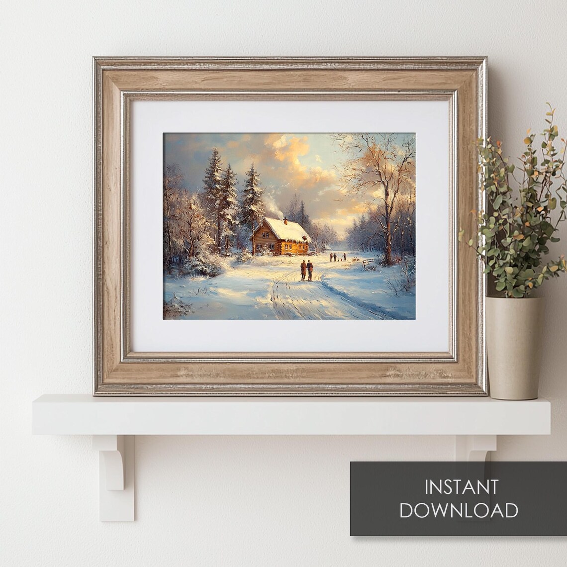 Log Cabin Sunset Frozen Pond Skaters Rustic Winter Art Poster - Image 6