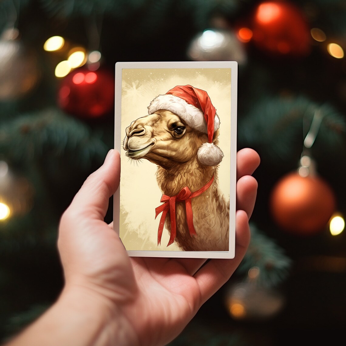 Smiling Camel Wearing Santa Hat Christmas Animal Portrait Poster - Image 3