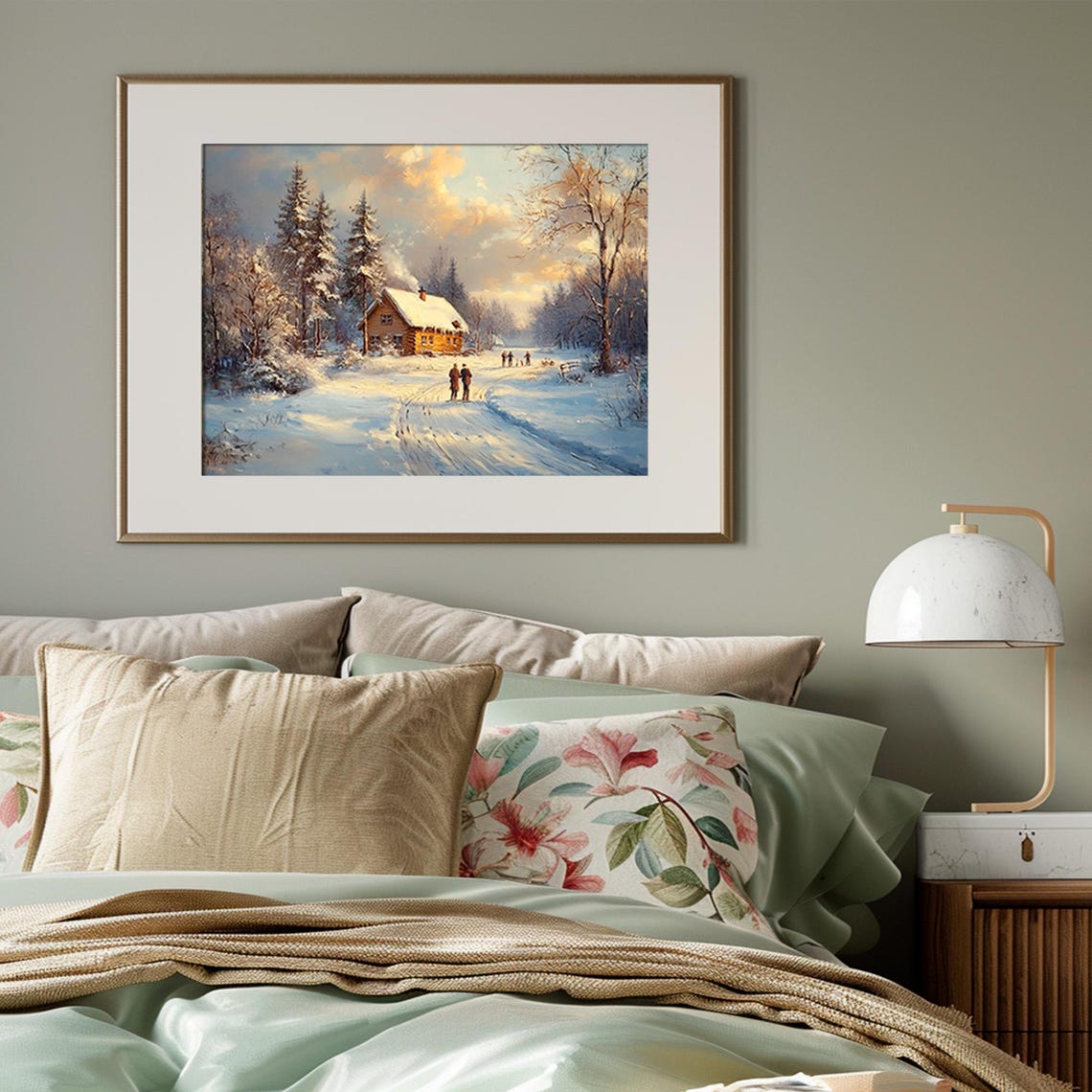 Log Cabin Sunset Frozen Pond Skaters Rustic Winter Art Poster - Image 3