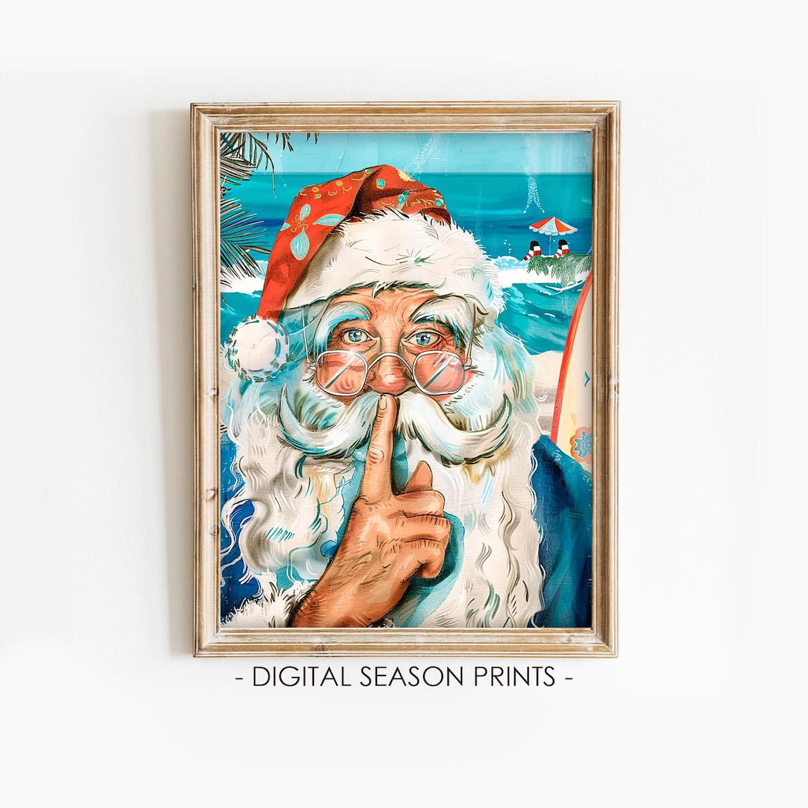 Tropical Beach Santa Claus Finger to Lips Fun Christmas Poster