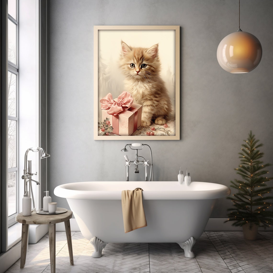 Fluffy Orange Kitten With Pink Gift Box Christmas Holiday Print - Image 3
