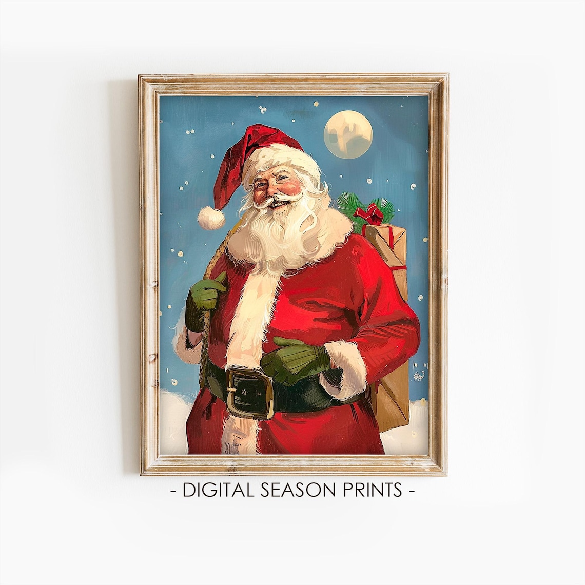 Vintage Santa Claus with Toy Sack Under Moon Snowy Night Poster