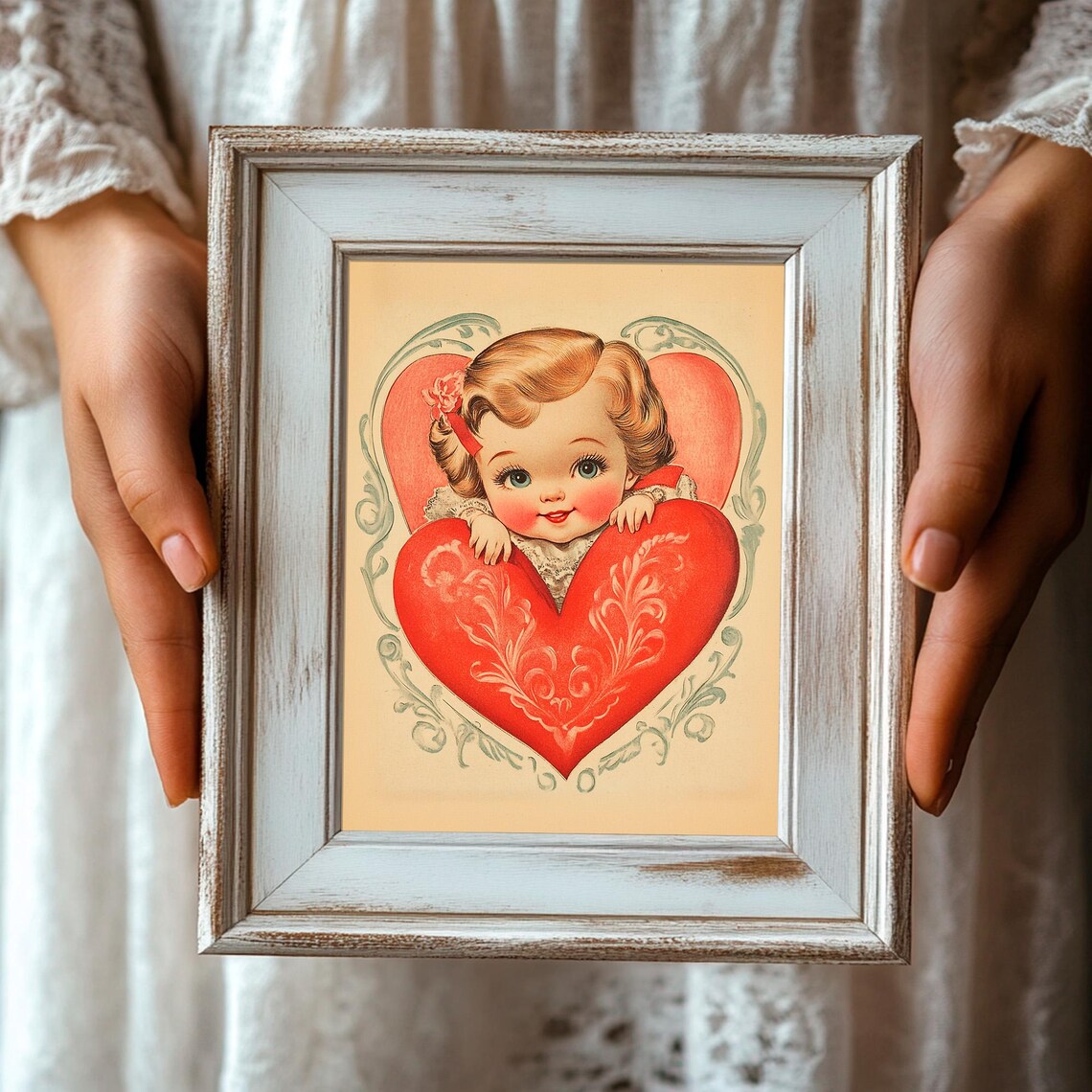 Vintage Valentines Girl Peeking Over Big Red Heart Retro Card Print - Image 3