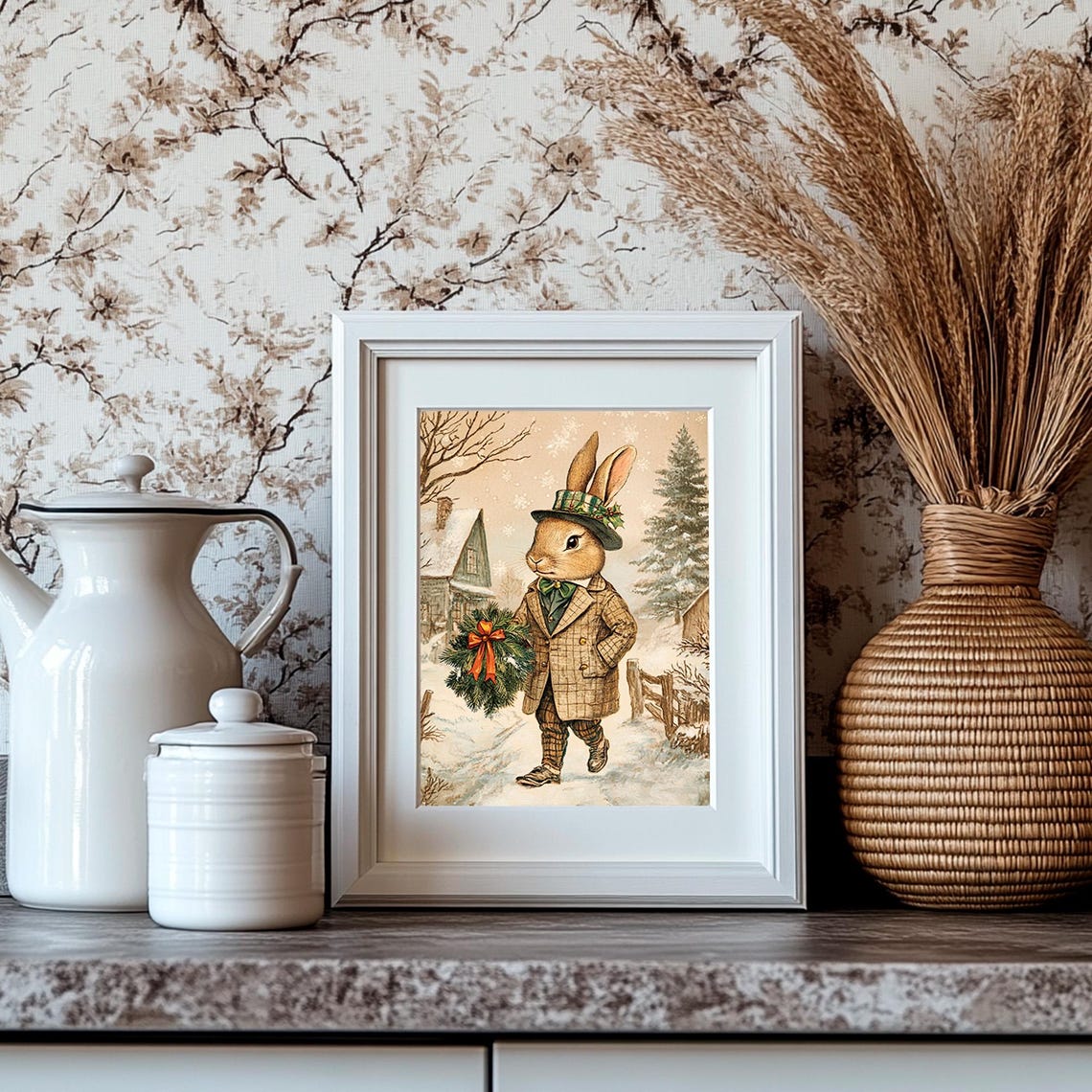 Dapper Christmas Bunny With Wreath In Snowy Village Scene Poster - Image 4