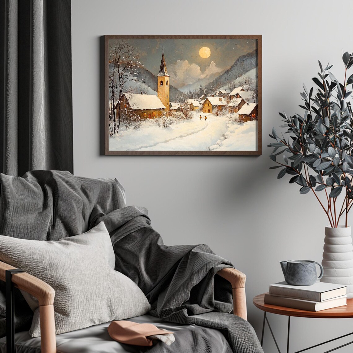 Silent Night Snowy Alpine Village Full Moon Winter Church Poster - Image 4