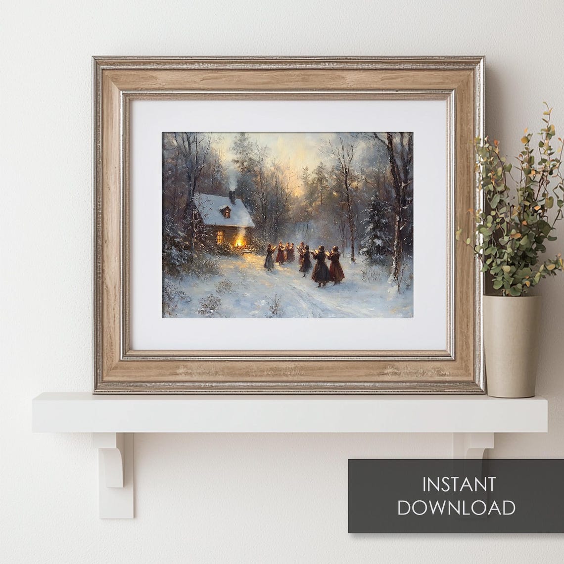 Victorian Christmas Carolers Singing Snowy Cottage Dusk Scene Print - Image 6