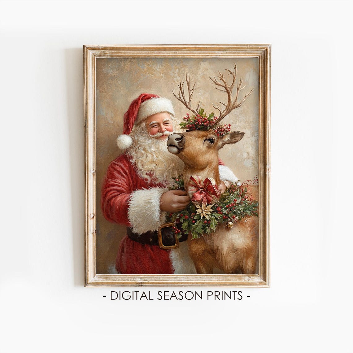 Vintage Santa Claus With Reindeer Wearing Christmas Wreath Poster