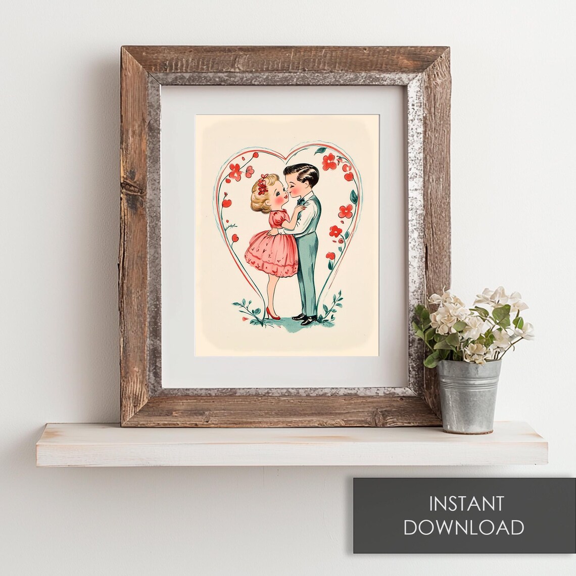 Retro Couple Kissing Inside Floral Heart Vintage Valentines Print - Image 6