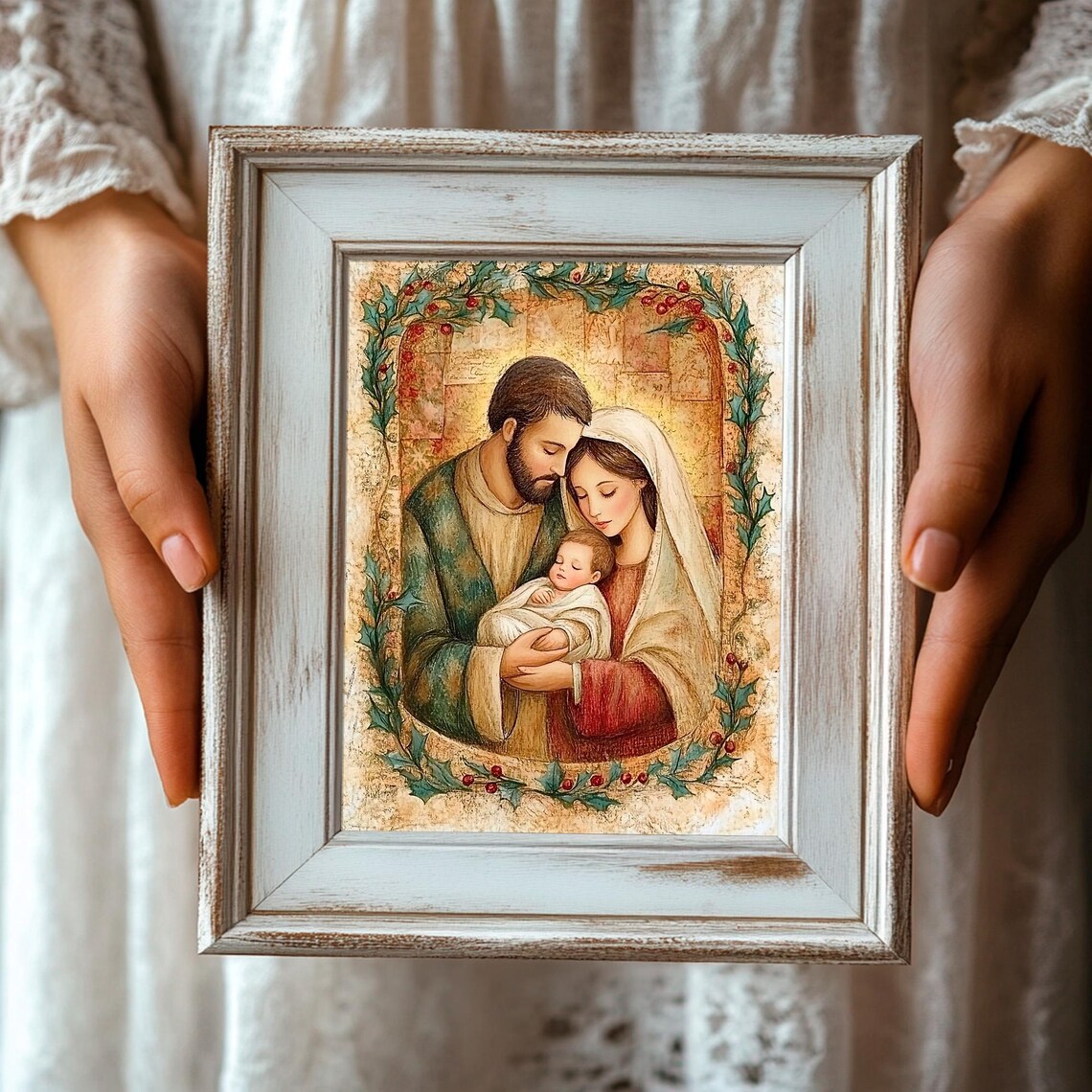 Holy Family Nativity Mary Joseph Baby Jesus Holly Christmas Art Print - Image 4