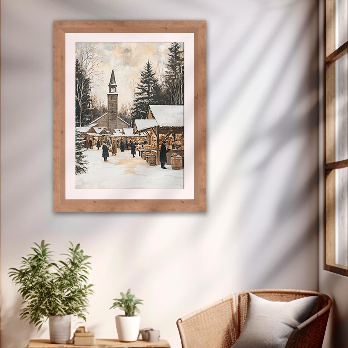 Victorian Christmas Market Country Church Snowy Village Scene Print - Image 2