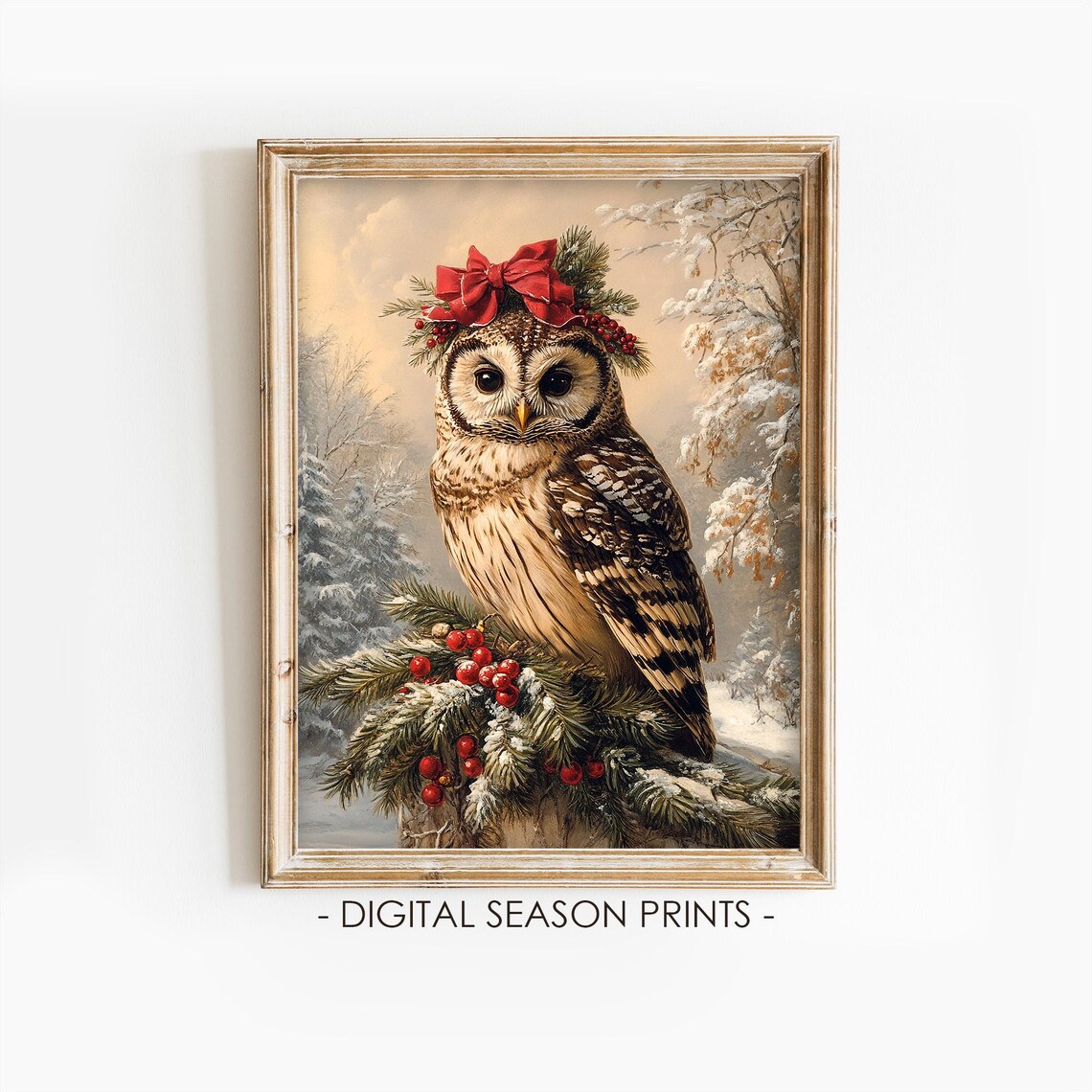 Christmas Owl With Red Bow And Berries Snowy Vintage Winter Print