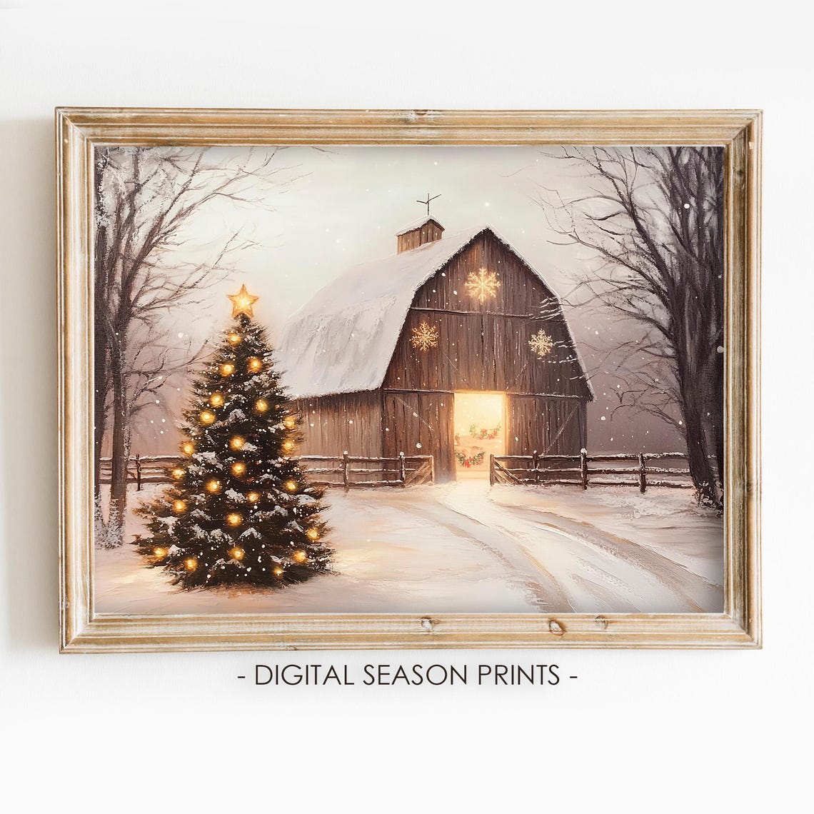 Glowing Christmas Barn with Lit Tree in Snow Rustic Holiday Poster