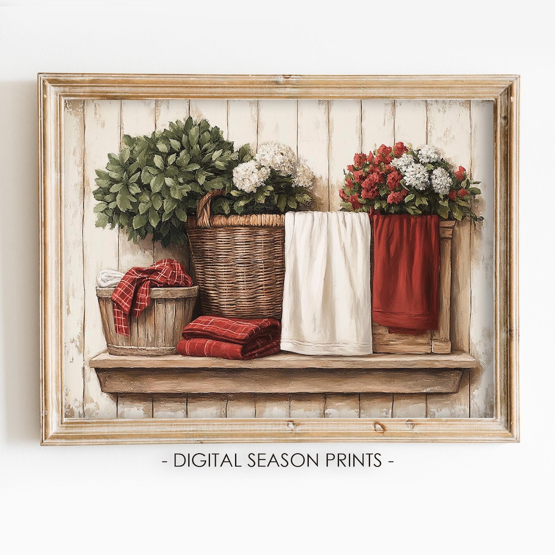 Cozy Laundry Room Baskets Towels Flowers on Farmhouse Shelf Poster