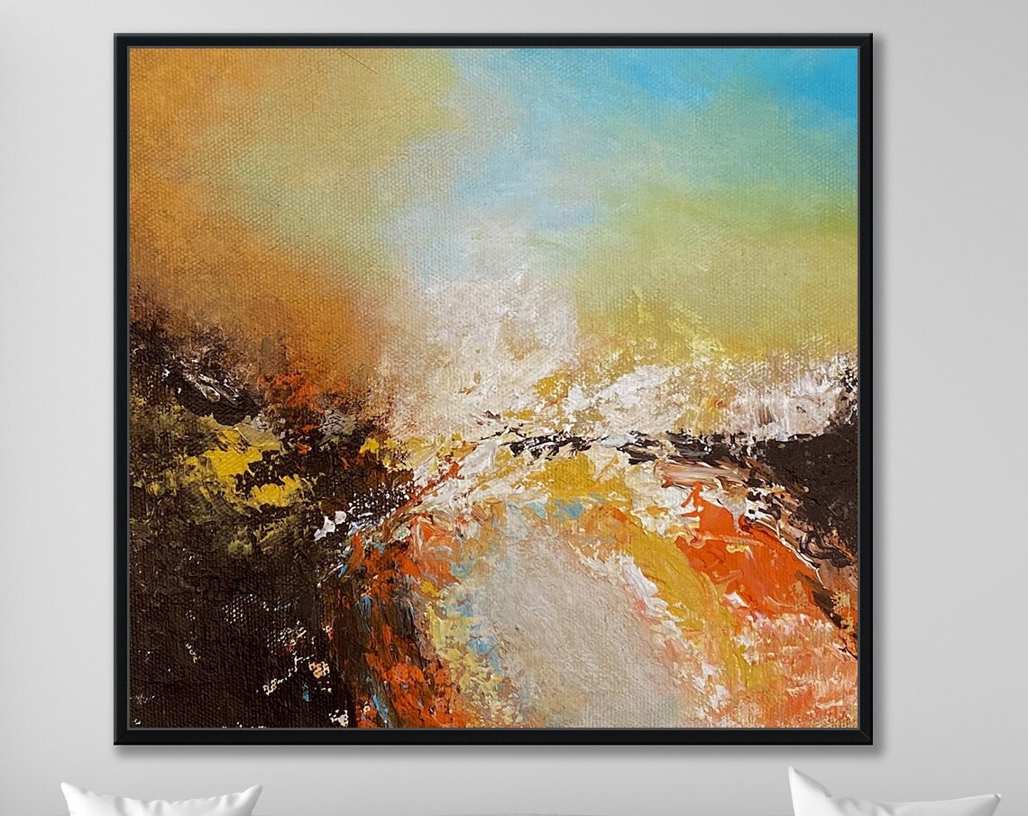 Orange Blue Sky Fiery Earth Abstract Painting Warm Modern Wall Poster