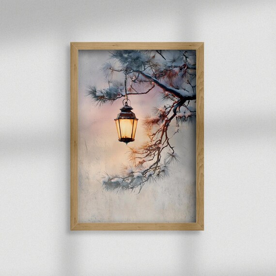 Glowing Lantern on Snowy Pine Branch Cozy Winter Night Poster