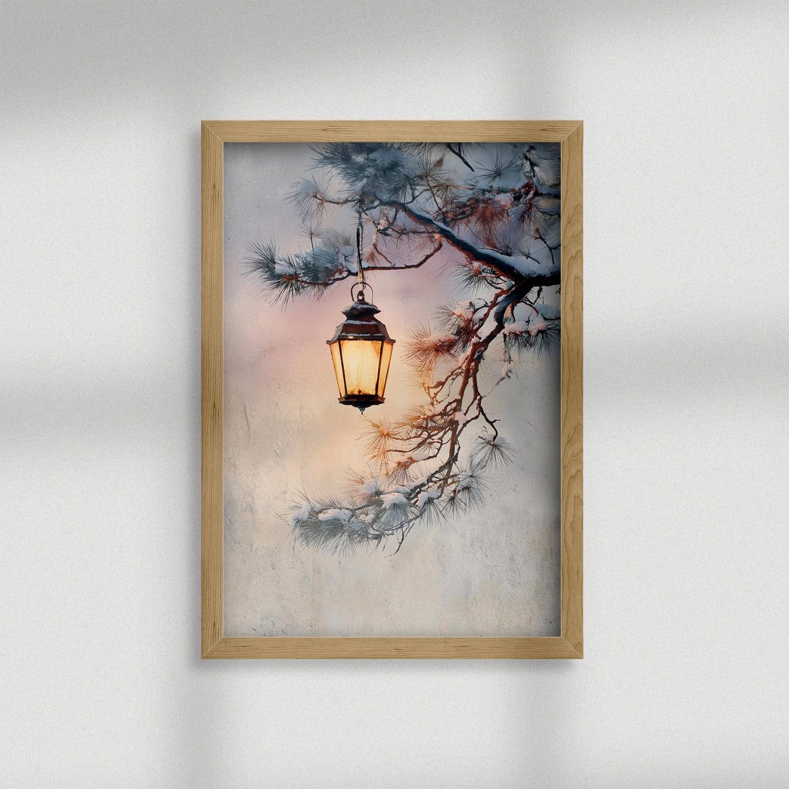 Glowing Lantern on Snowy Pine Branch Cozy Winter Night Poster