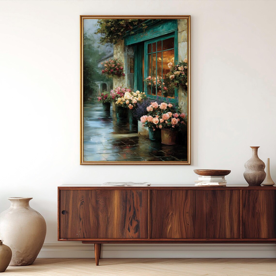 French Flower Shop Teal Door Roses Romantic Street Art Poster