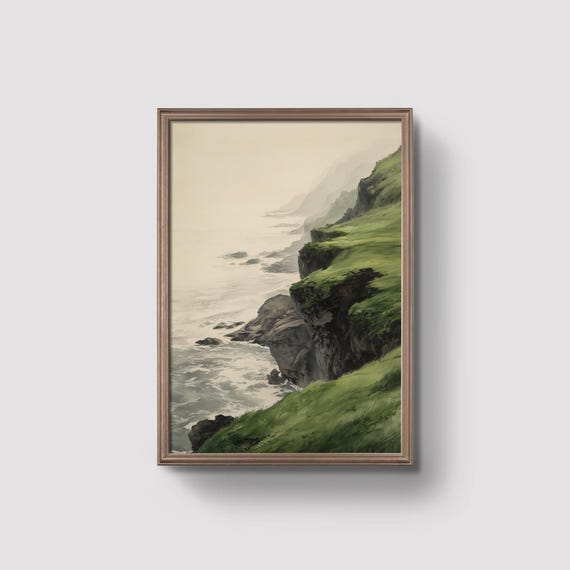 Coastal Cliff Print Green Seaside Landscape Dramatic Ocean Wall Art Nature Photography Style Moody Home Decor Prints