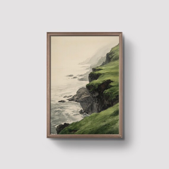 Green Coastal Cliff Watercolor Misty Seaside Landscape Poster