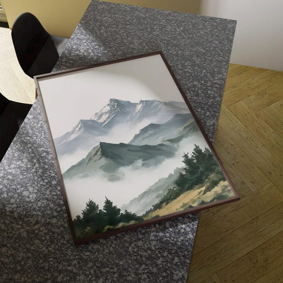 Misty Mountain Landscape Print Watercolor Nature Wall Art Serene Forest Home Decor Prints
