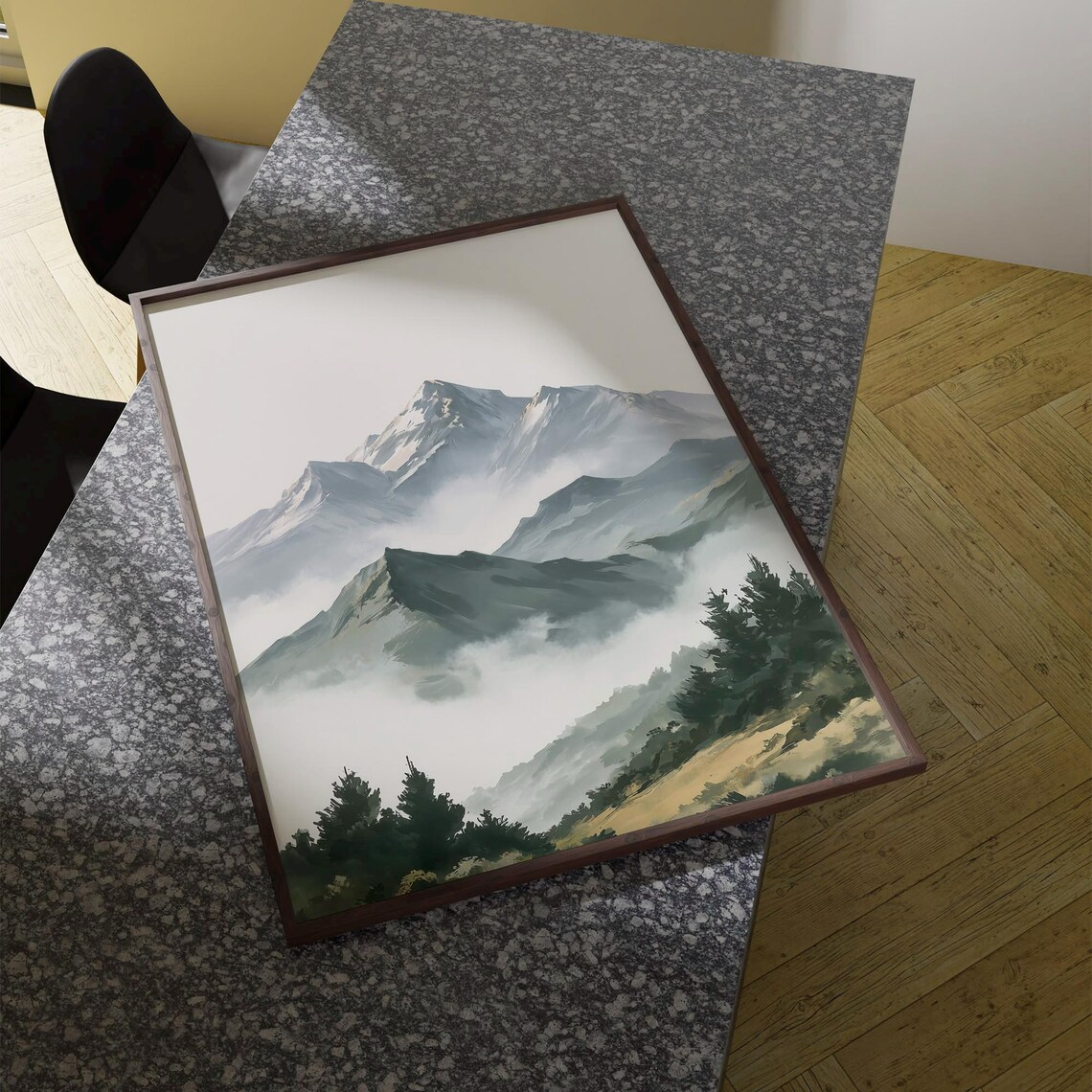 Misty Mountain Landscape Watercolor Serene Snowy Peaks Nature Poster