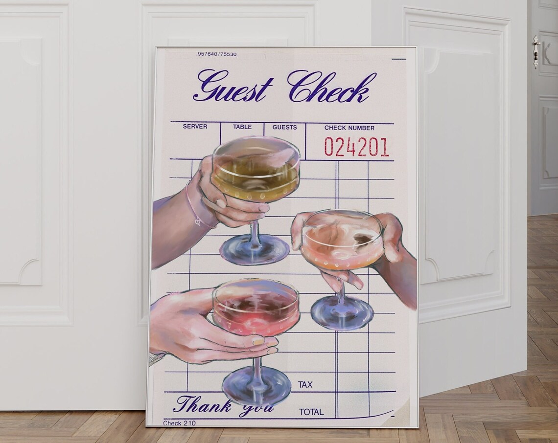 Cheers Guest Check Cocktail Coupes Retro Bar Cart Party Poster