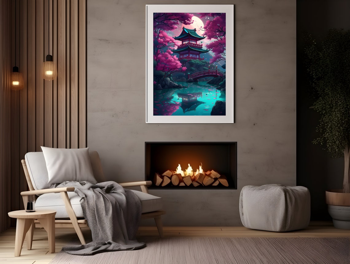 Japanese Pagoda Under a Full Moon With Cherry Blossoms Poster - Image 3