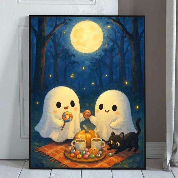 Cute Halloween Print Kids Spooky Art Midnight Picnic Wall Decor Poster Black Cat Pumpkin