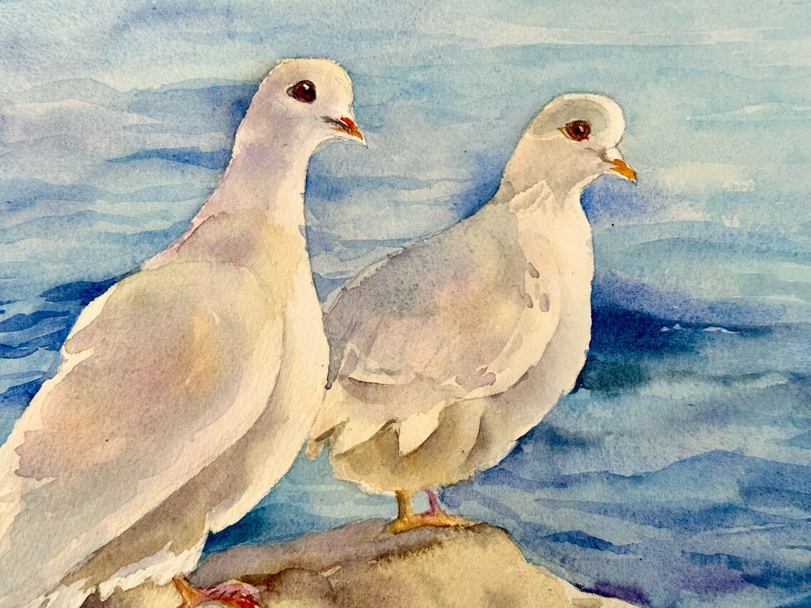 Two White Doves by the Blue Sea Watercolor Peaceful Bird Poster