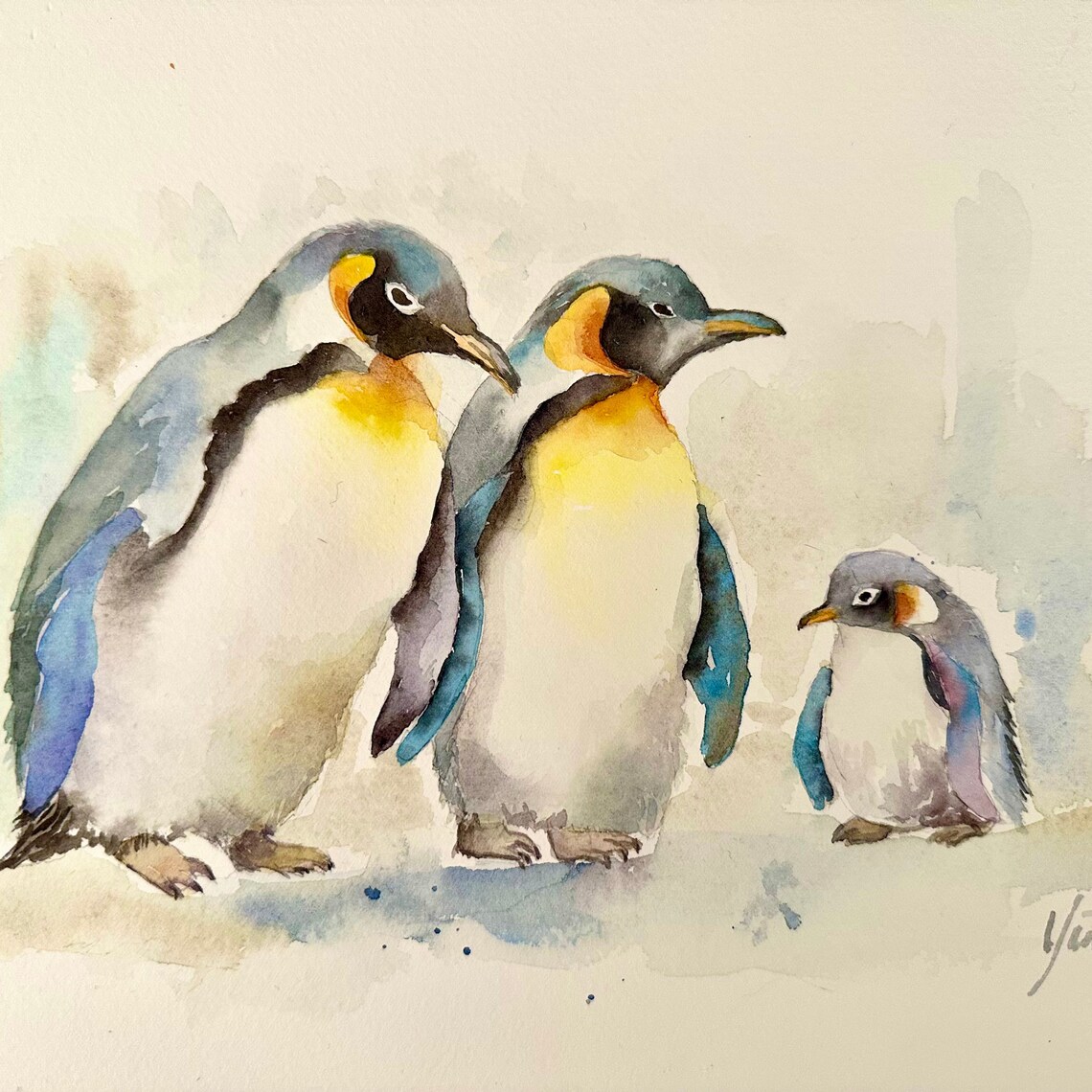 Penguin Parents with Chick Family Cute Watercolor Nursery Wall Poster