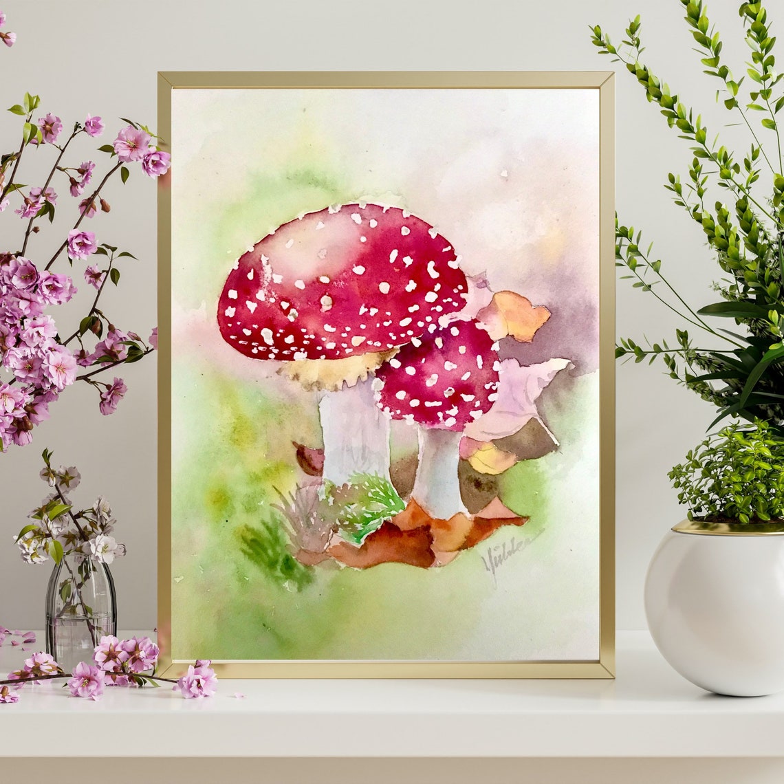 Red Fly Agaric Mushrooms in a Whimsical Nature Watercolor Poster - Image 3
