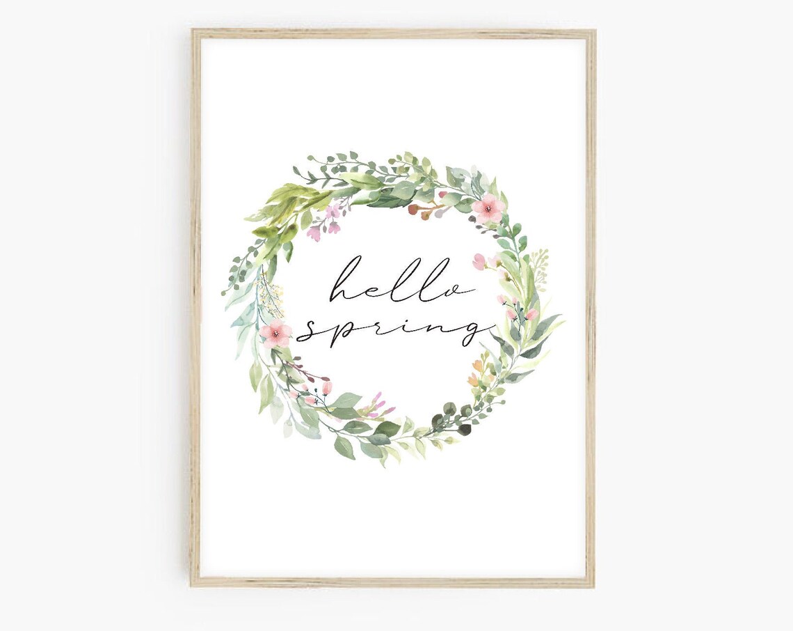 Hello Spring Watercolor Floral Wreath Art Print