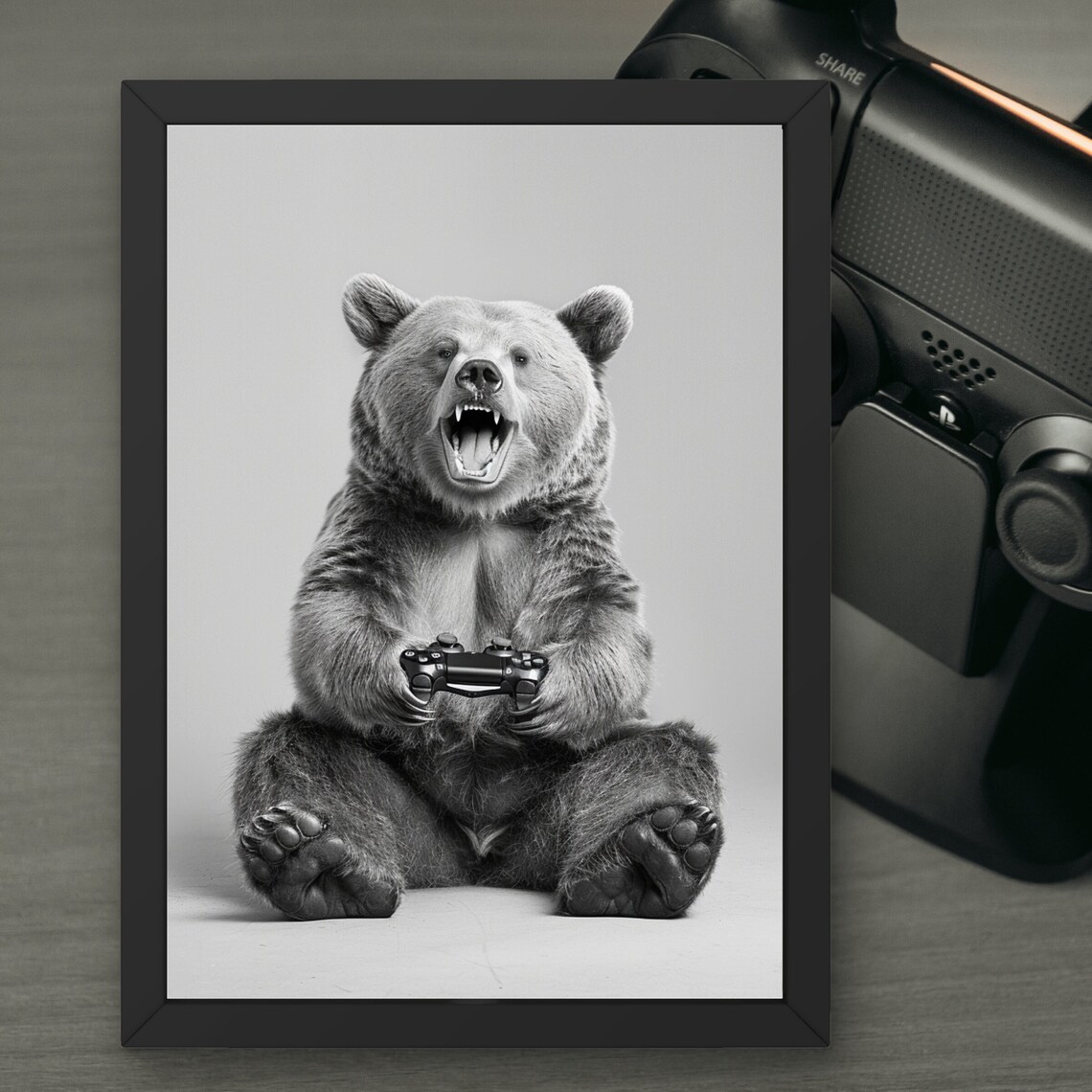 Funny Bear With Controller, Gamer Gift Art