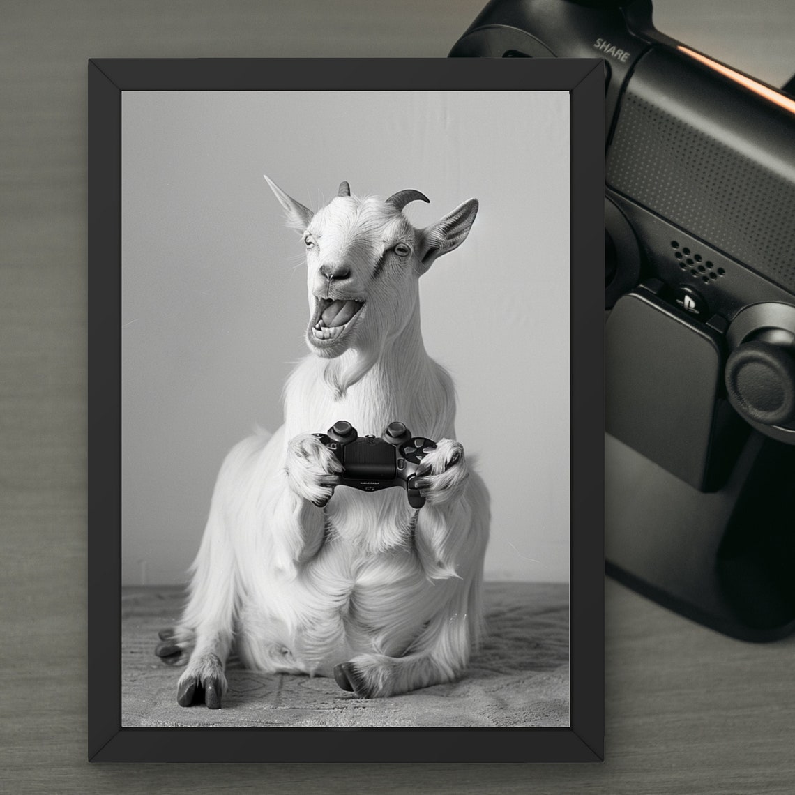 Grinning Goat Gamer Holding a Video Game Controller Funny Poster