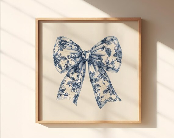 Blue Chinoiserie Floral Bow Coquette Grandmillennial Nursery Decor Poster