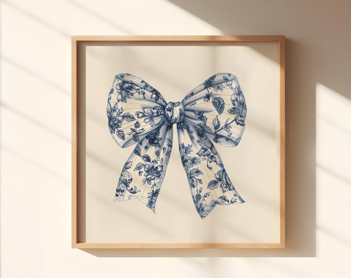 Blue Chinoiserie Floral Bow Coquette Grandmillennial Nursery Decor Poster
