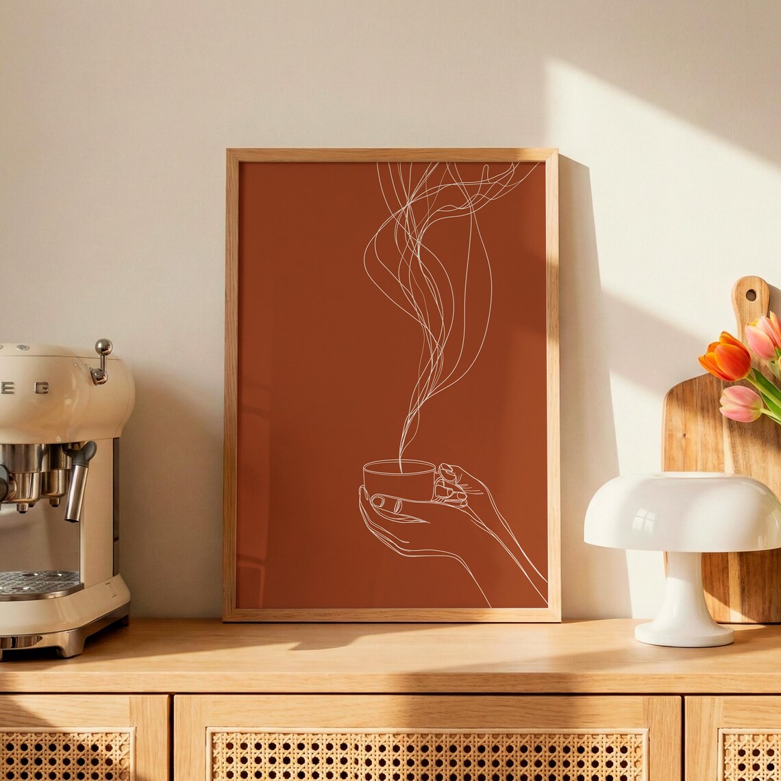 Cozy Hands With Cup Line Art, Boho Minimalist Art Print