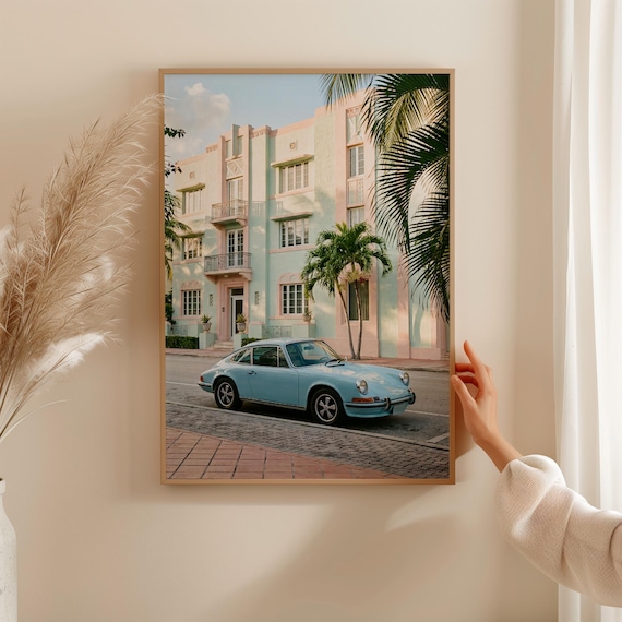 Porsche 911 Vintage Poster, Miami Beach Coastal Decor